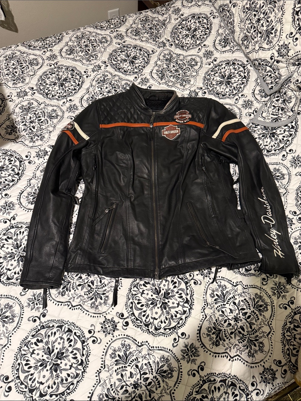 Harley-Davidson Black Leather Jacket with Orange and Cream Stripes
